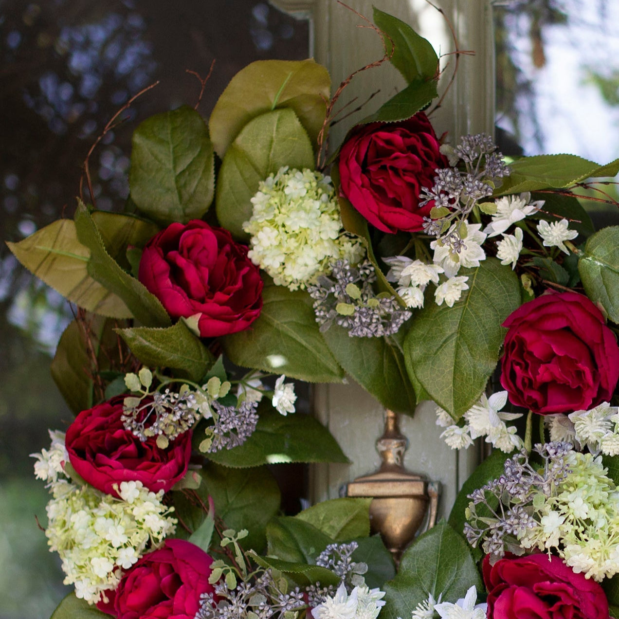 Artificial peony summer wreath with full peony blooms, suitable for front doors or interior wall display