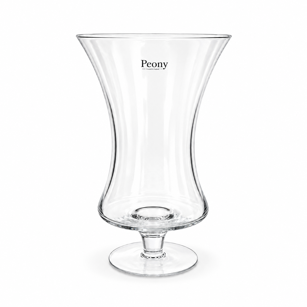 Clear waisted footed glass vase with a gently flared rim.