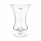 Clear waisted footed glass vase with a gently flared rim.