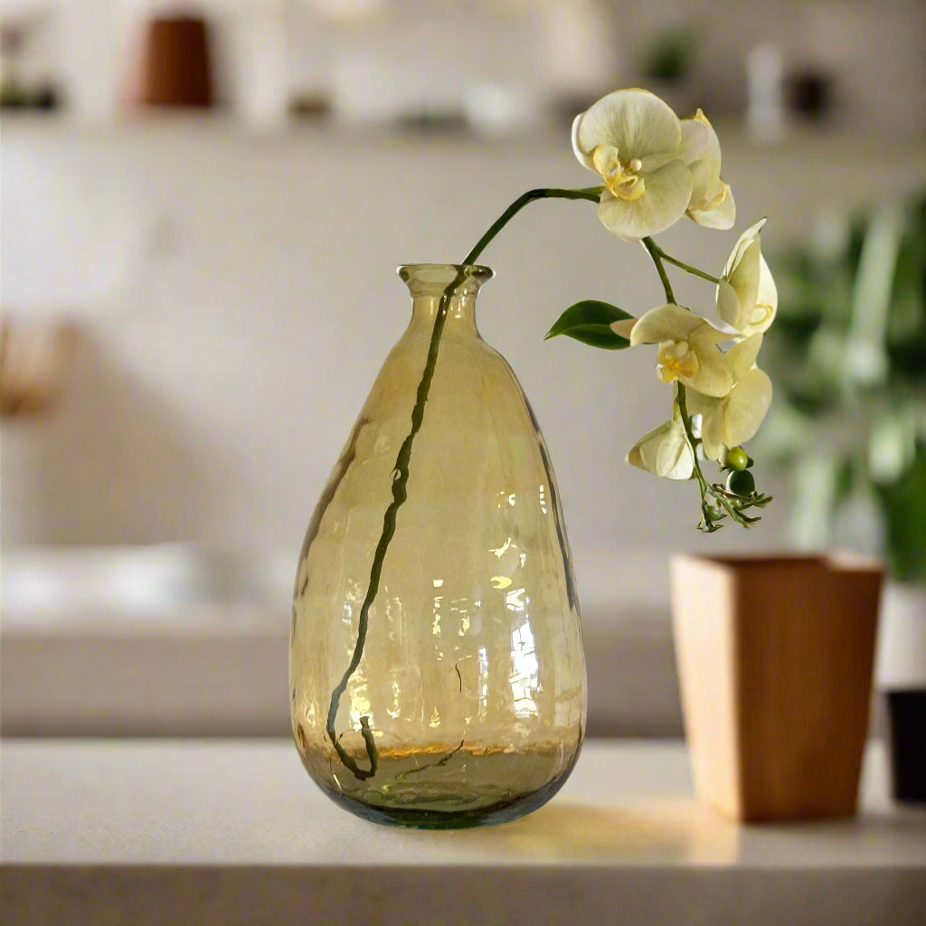 Mouthblown Amber Teardrop Bottle Vase in warm golden glass.