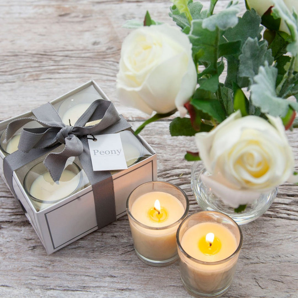 Rose & Dusty Miller Set in a Pristina Vase with Candles and Fragrance Peony