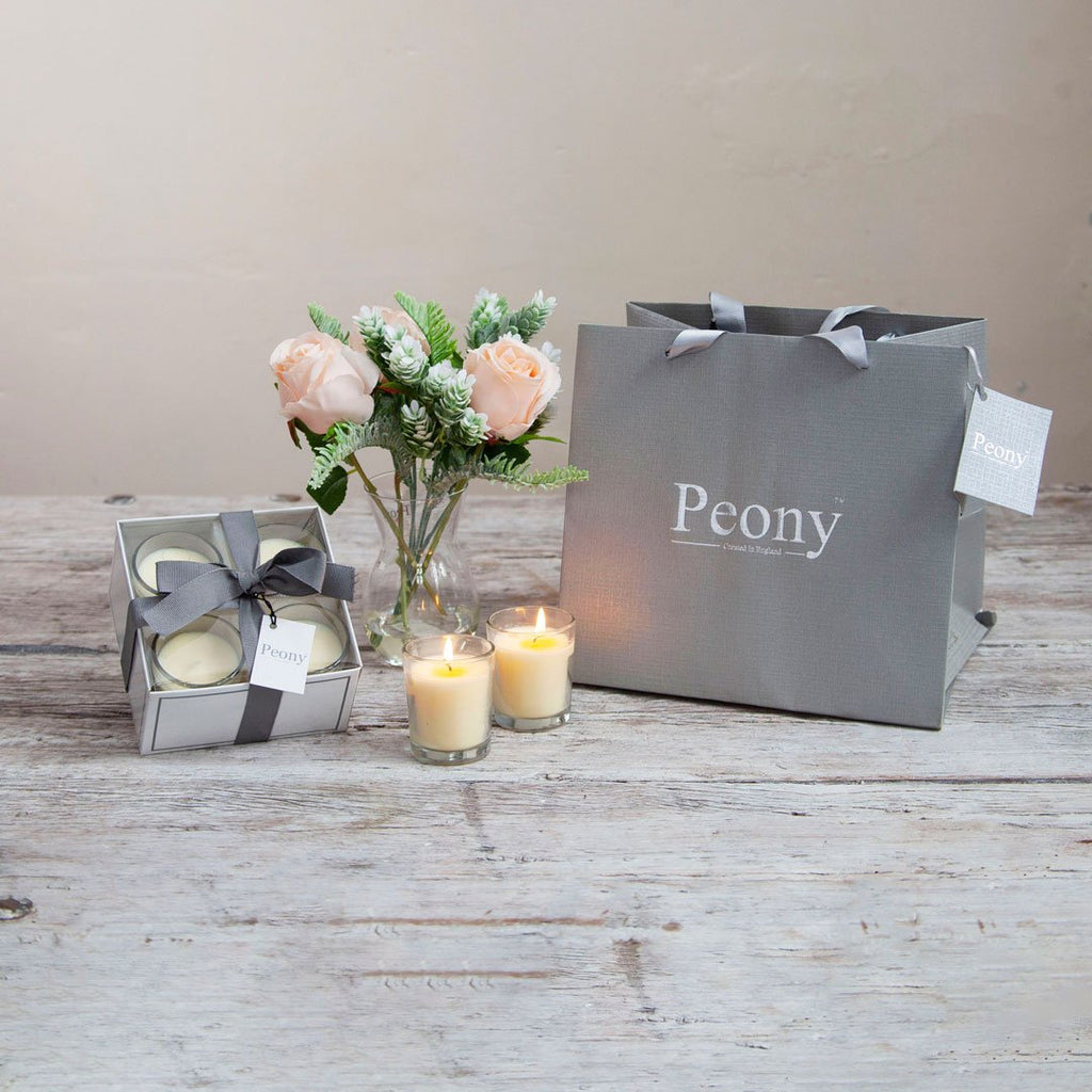 Peach Rose & Winter Foliage in a Pristina Vase with Gift Bag and Candles  Peony