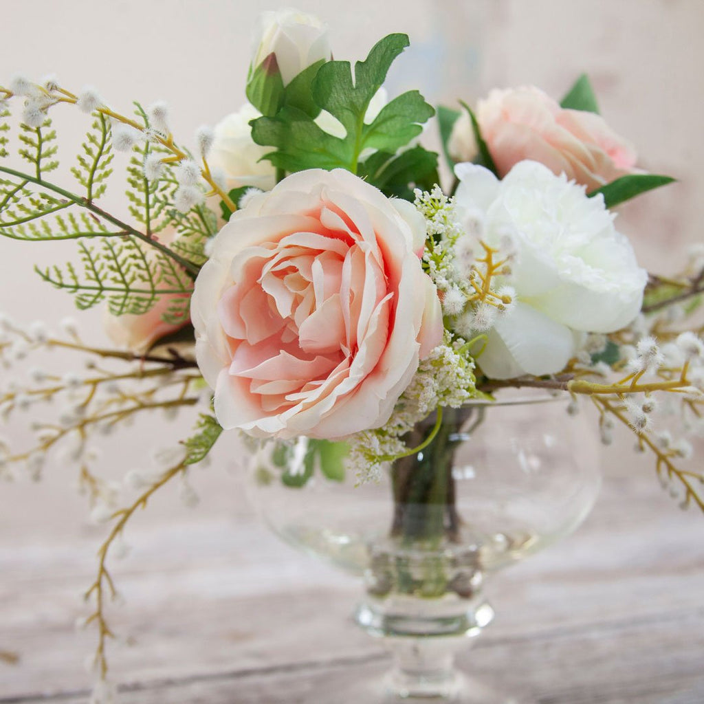 Roses and Acacia Berries in an Elegant Footed Glass Bowl Peony