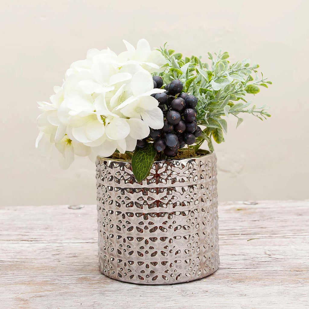 White Hydrangea and Foliage in a Silver Textured Cylinder Peony