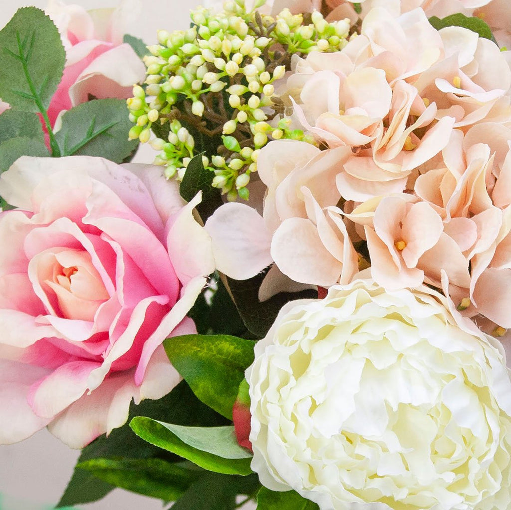 Peach Pink Hydrangea, Real Touch Roses and. Bridal White Peonies Peony