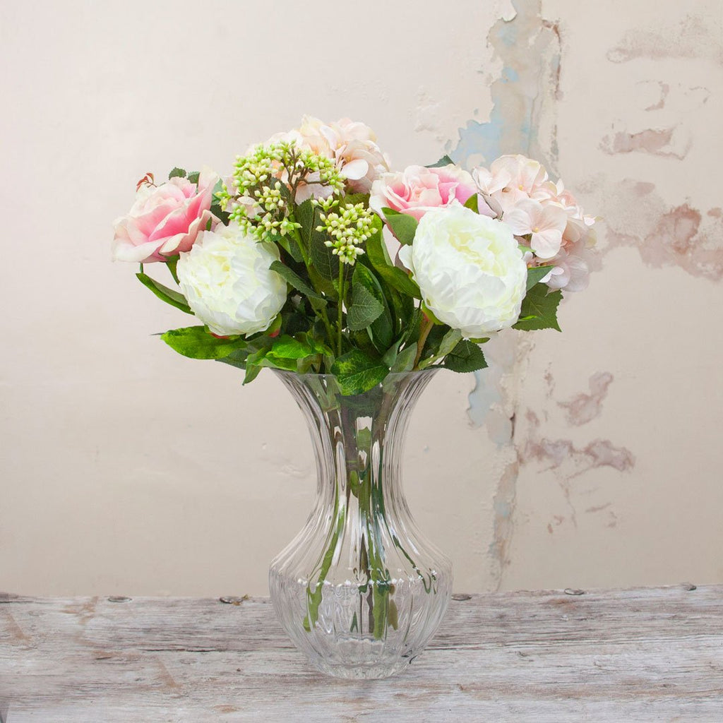 Peach Pink Hydrangea, Real Touch Roses and. Bridal White Peonies Peony