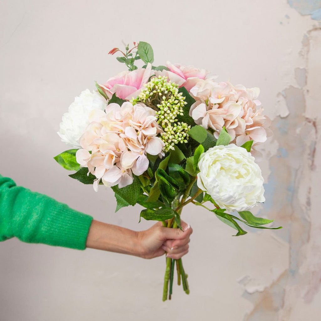 Peach Pink Hydrangea, Real Touch Roses and. Bridal White Peonies Peony