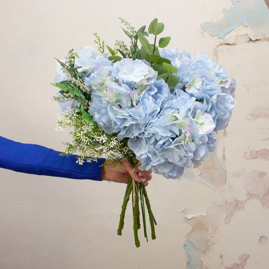 Blue Pom Pom Hydrangea, Eucalyptus Berries and Foliage Bouquet Peony