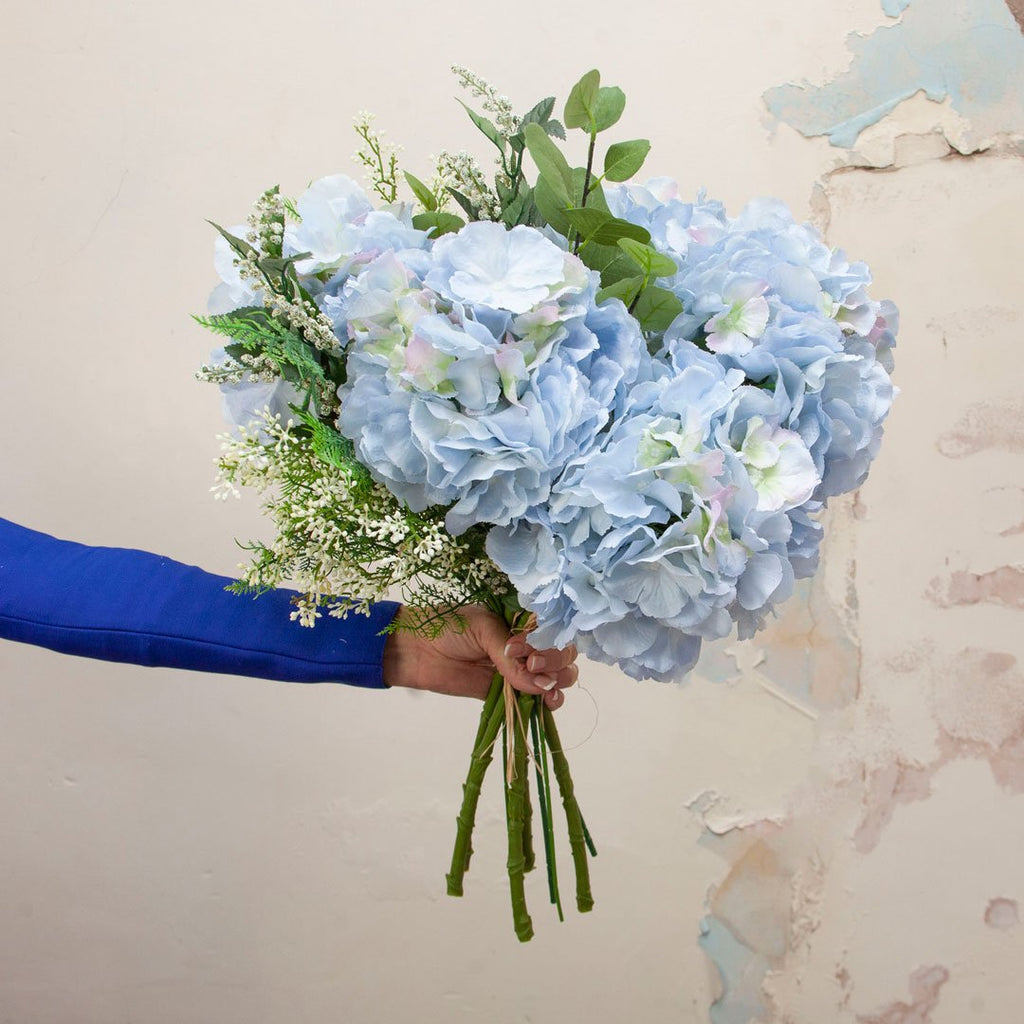 Blue Pom Pom Hydrangea, Eucalyptus Berries and Foliage Bouquet Peony