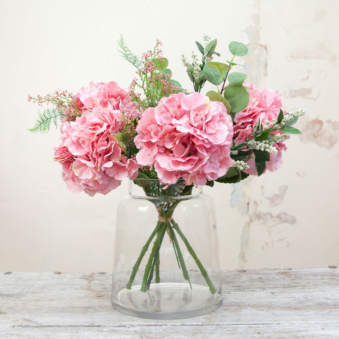 Pink Pom Pom Hydrangea, Eucalyptus Berries and Foliage Bouquet Peony