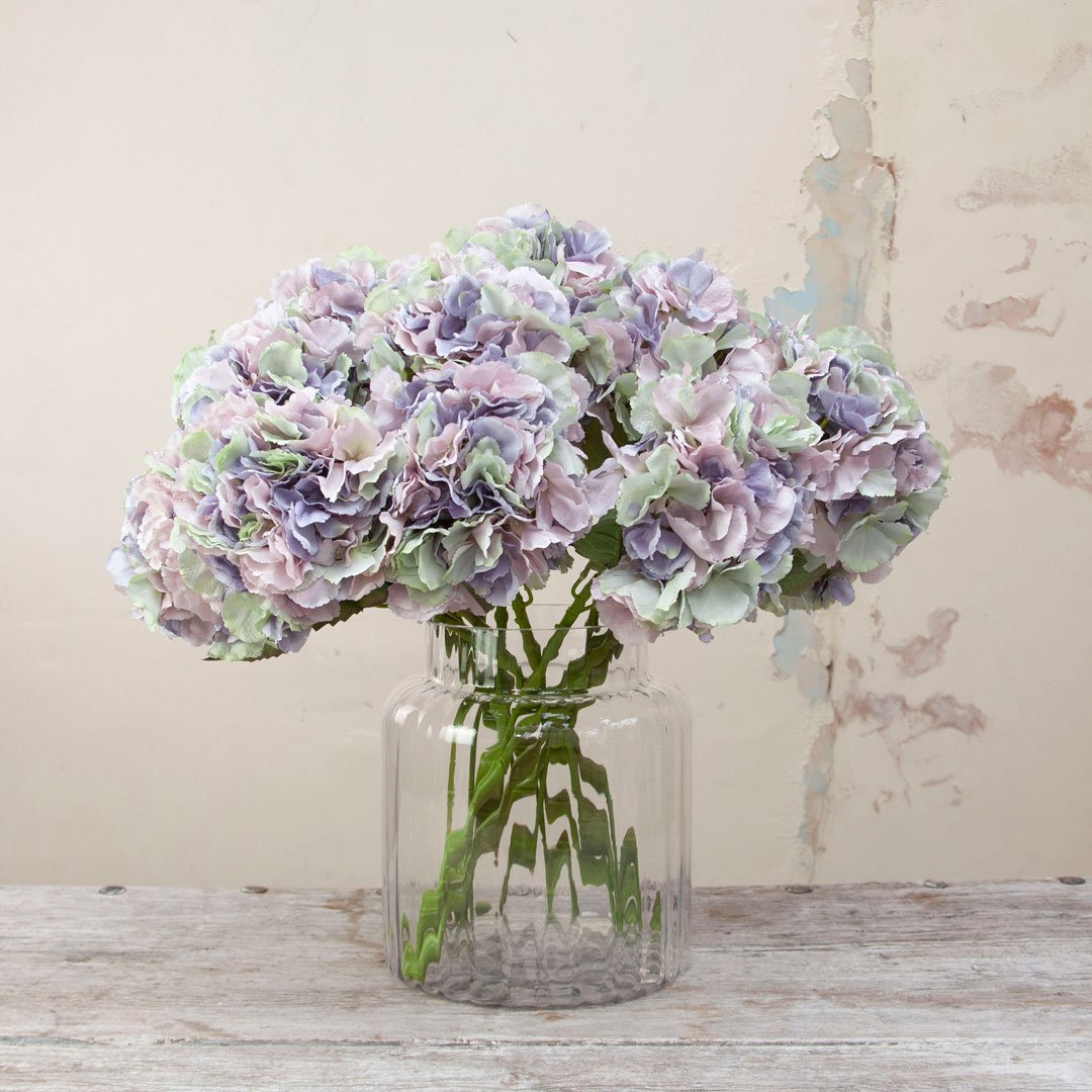 Violet Blue Pom Pom Hydrangea Stem with Leaves Peony