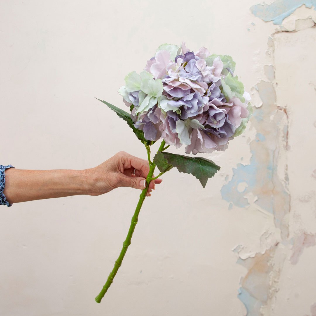 Violet Blue Pom Pom Hydrangea Stem with Leaves Peony