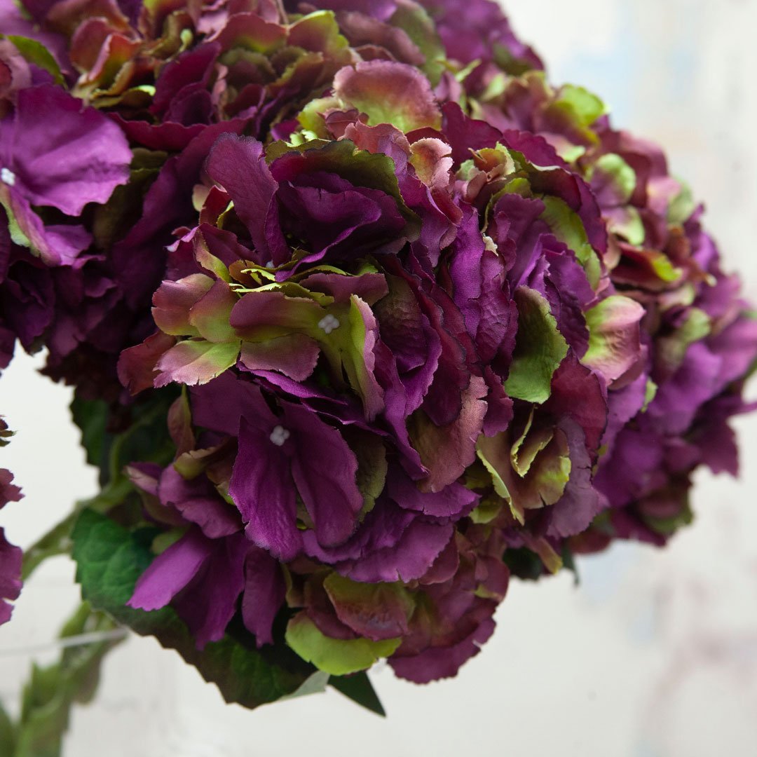 Purple and Green Pom Pom Hydrangea Stem with Leaves Peony