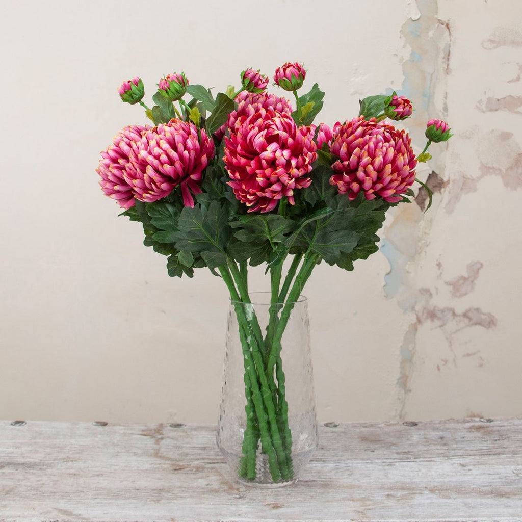 Pink Chrysanthemum Stem with Bud and Foliage Peony