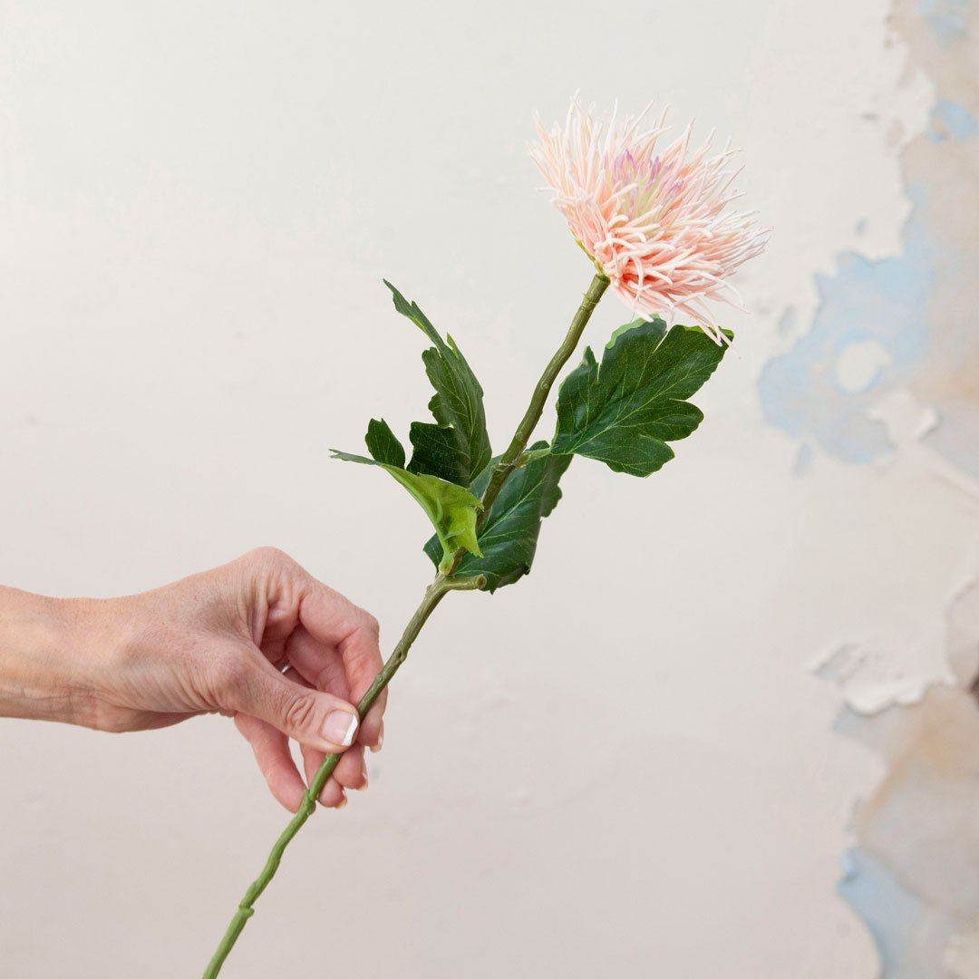 Real Touch Peak / Pink Spider Chrysanthemum Stem with Leaves Peony