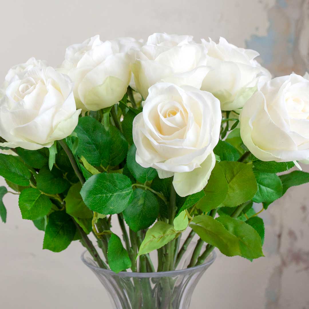Real Touch Bridal White Avalanche Rose Stem with Leaves Peony