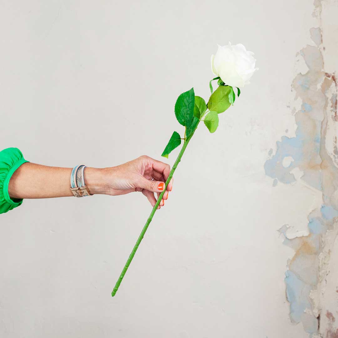 Real Touch Bridal White Avalanche Rose Stem with Leaves Peony