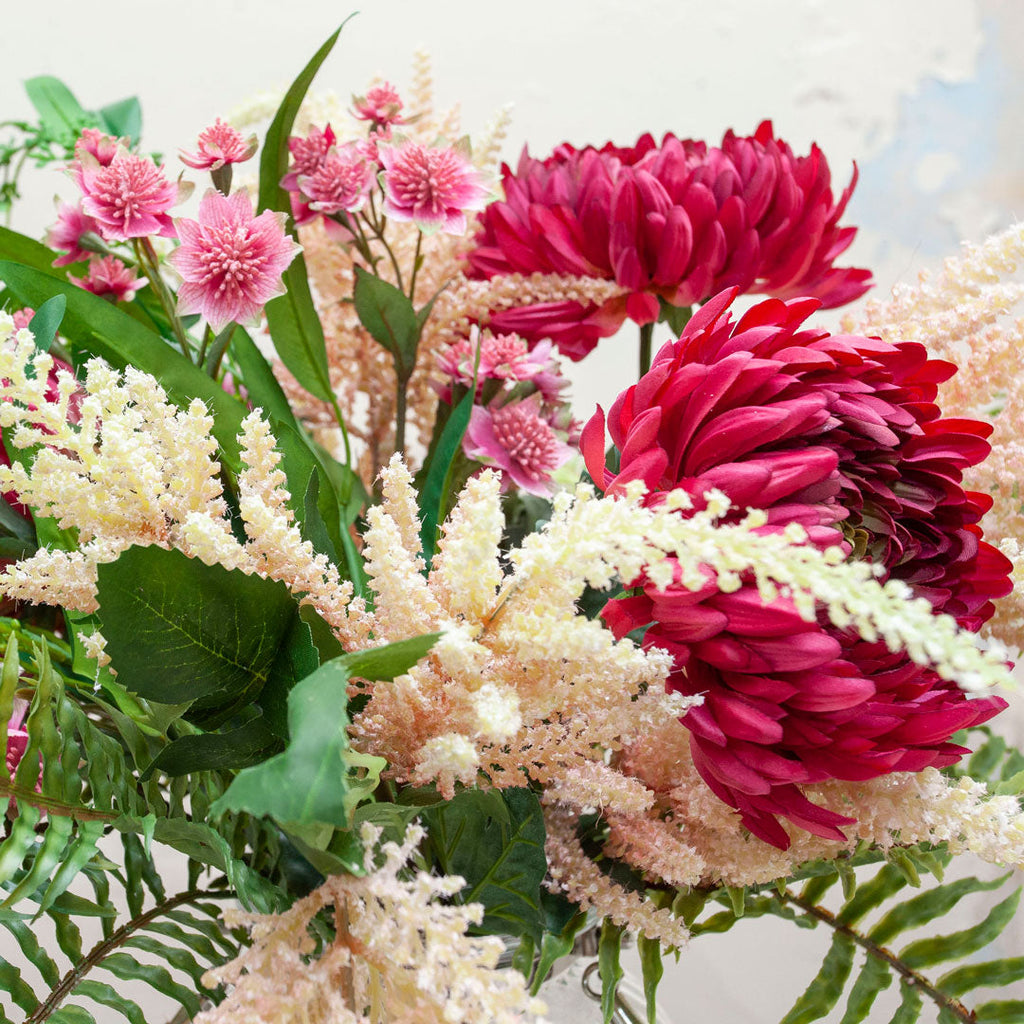 Chrysanthemums, Astrantia & Astilbe set with ferns in a rope lantern vase  Peony