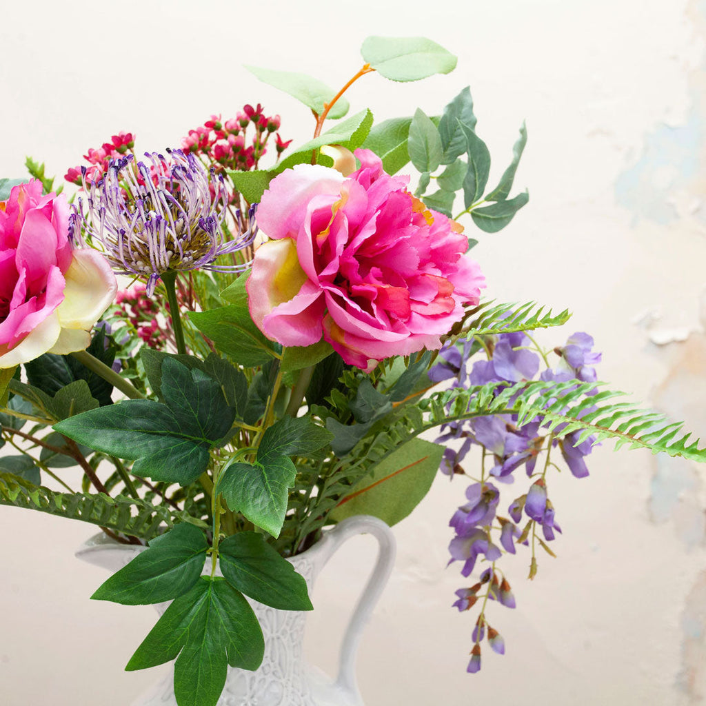 Peonies, wisteria & protea set in our white glazed lace jug  Peony