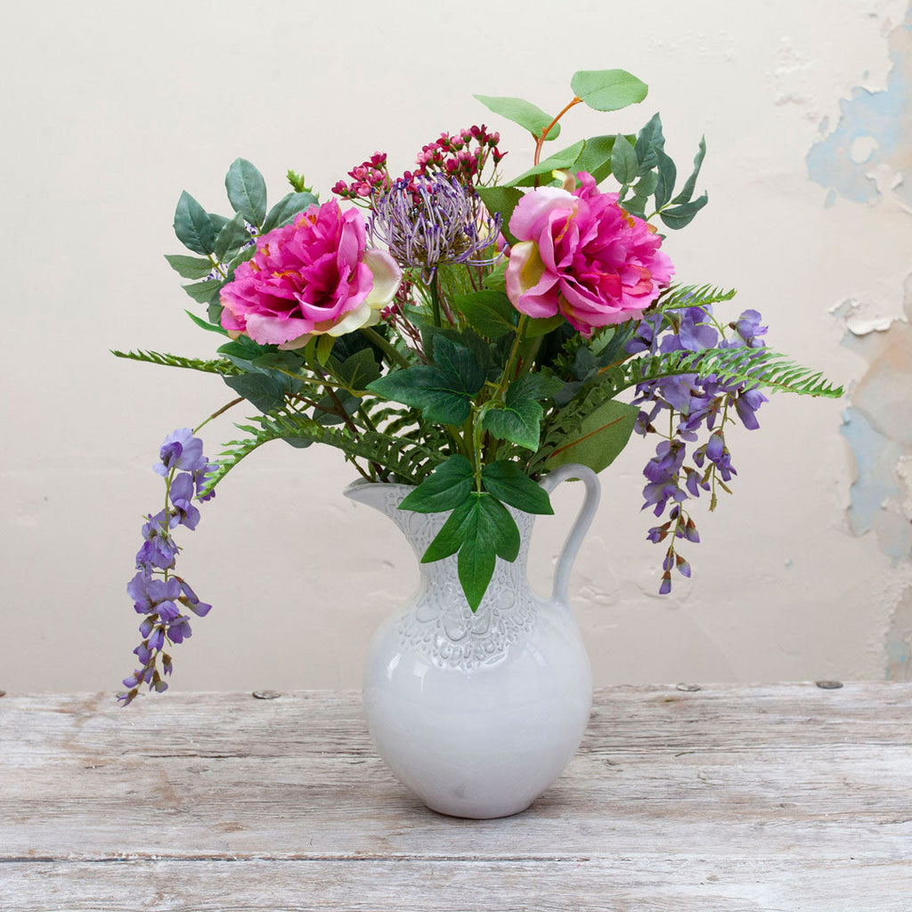 Peonies, wisteria & protea set in our white glazed lace jug  Peony