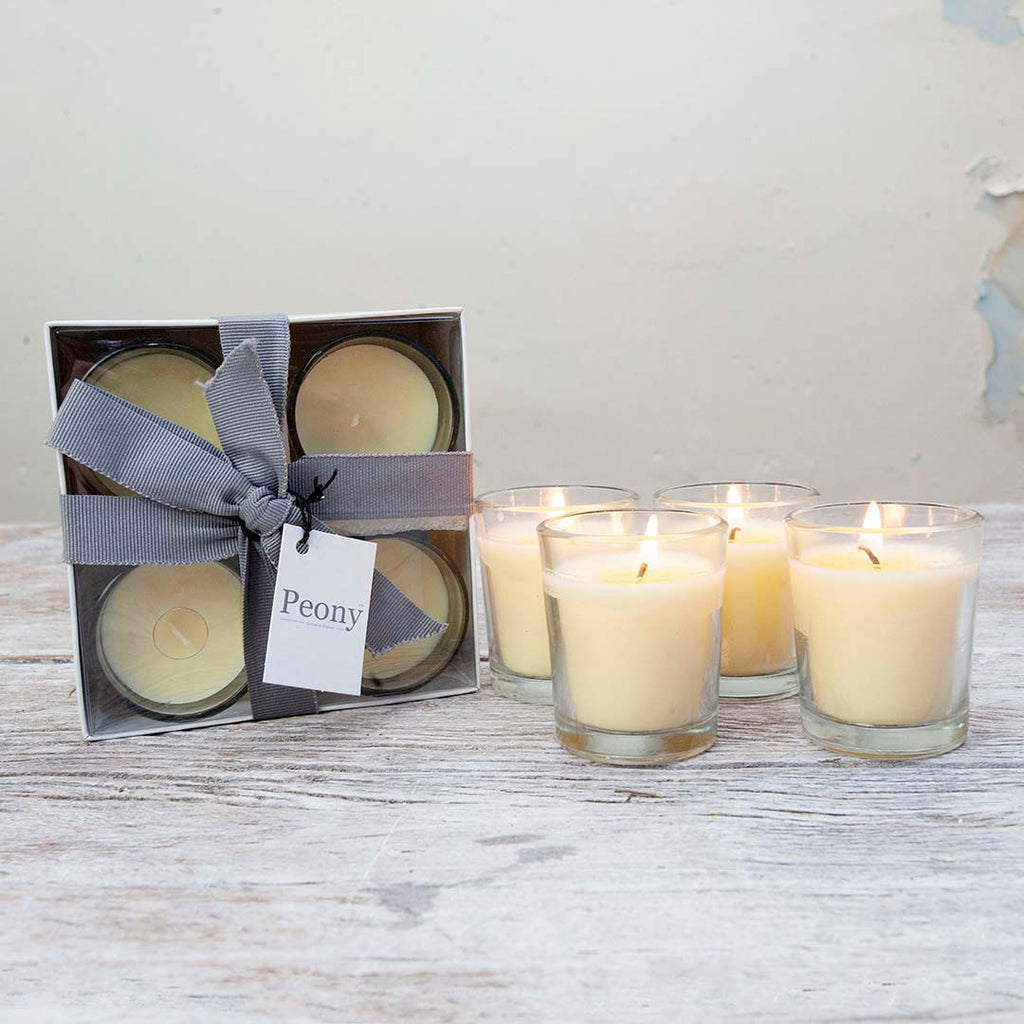 Set of 4 gift boxed fresh flower fragrant votive candles Peony