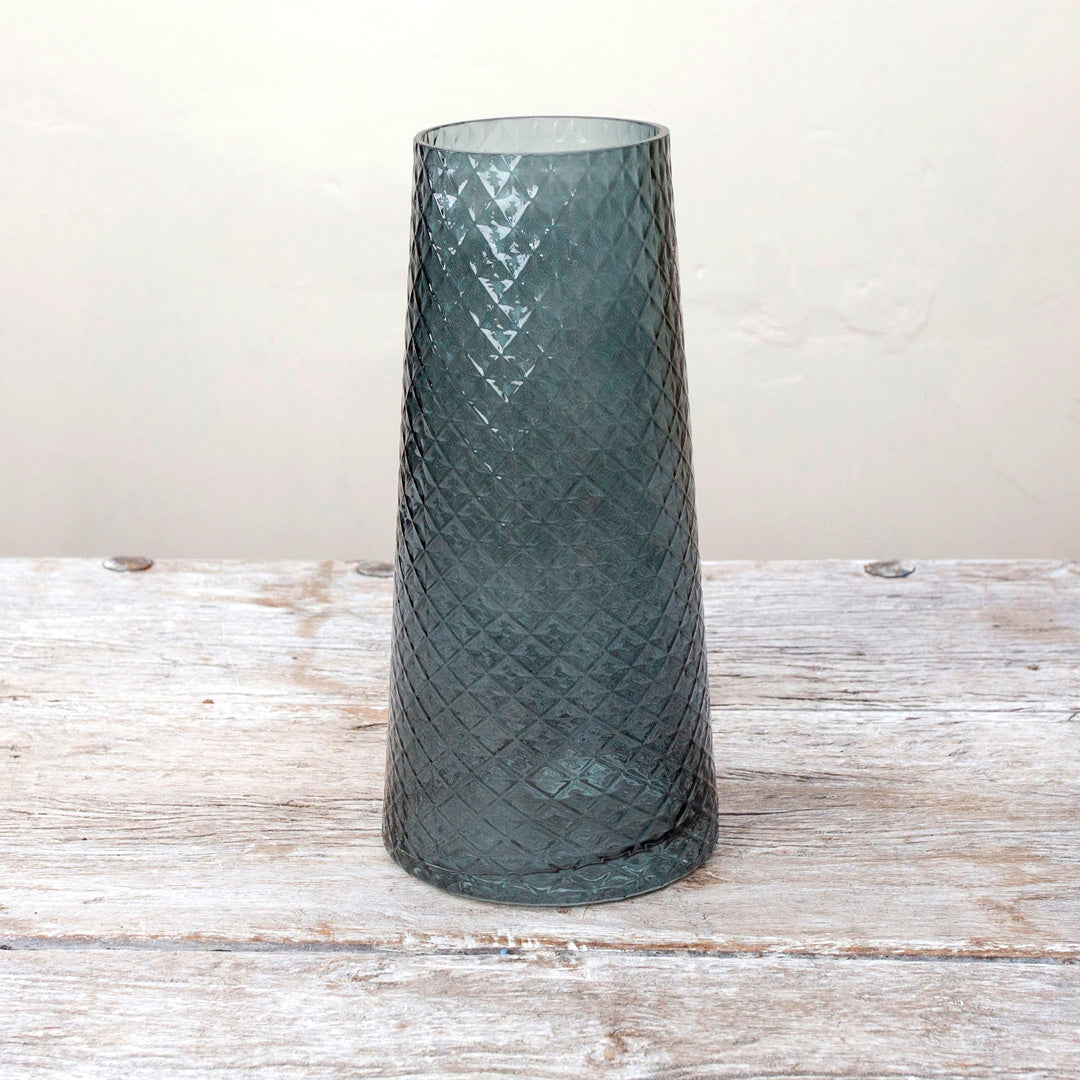 Mouth Blown, Dark Blue Glass Vase Peony