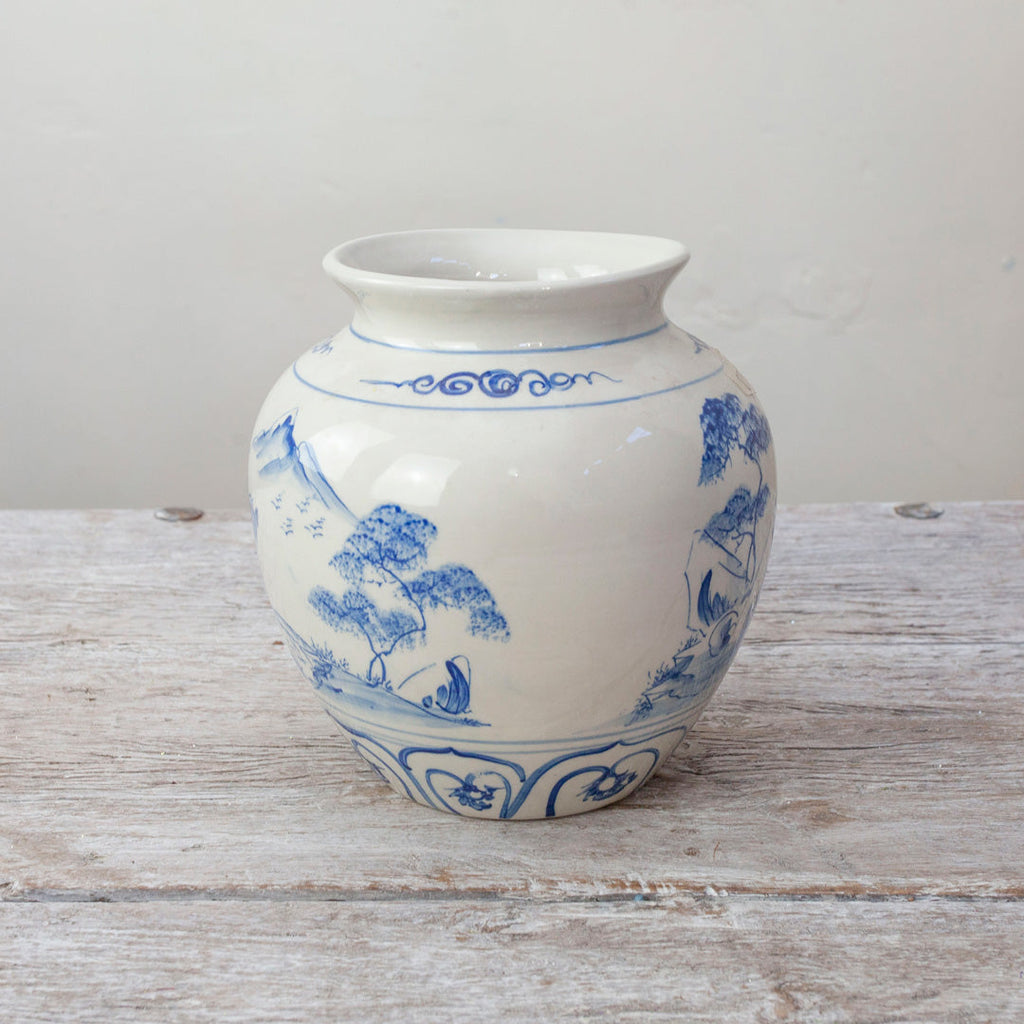 Oriental Blue and White Rounded Urn Peony