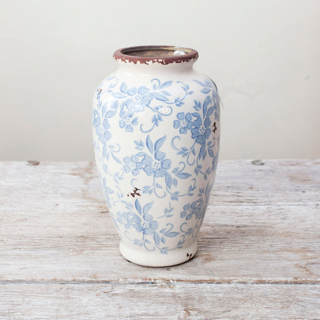 Aged Blue and White Hand Thrown Urn Peony