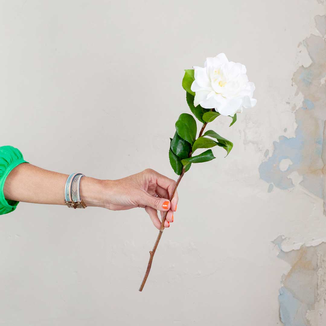 White Camellia Stem with Leaves Peony