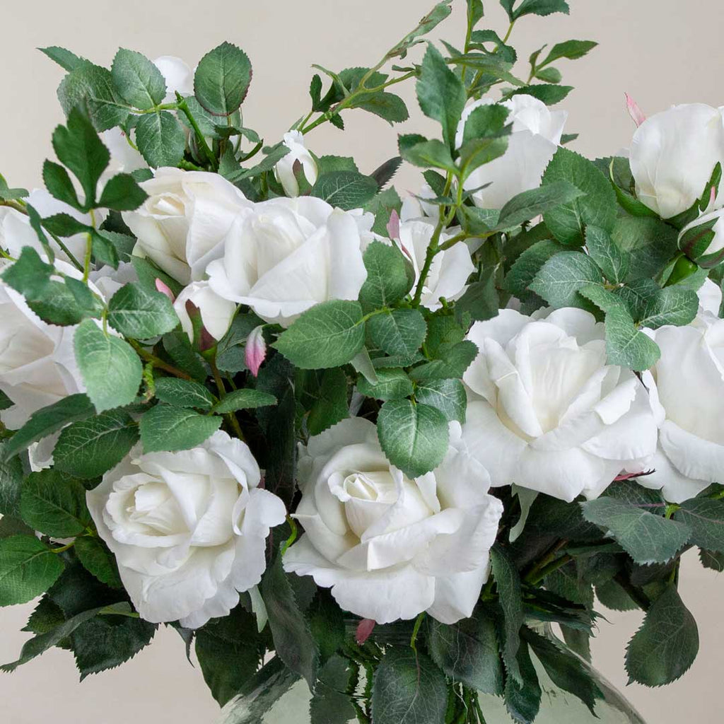 White Joyous Rose with Buds and Leaves on a Long Stem Peony