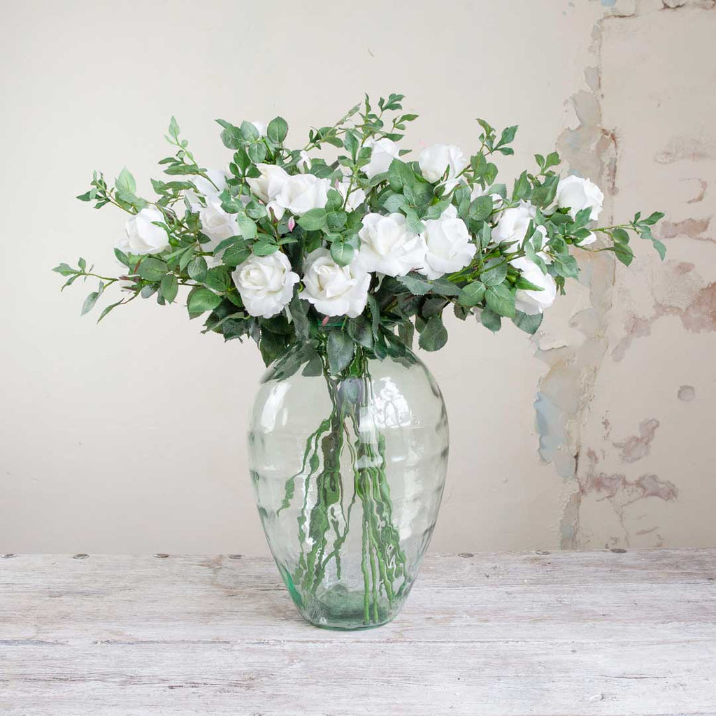 White Joyous Rose with Buds and Leaves on a Long Stem Peony