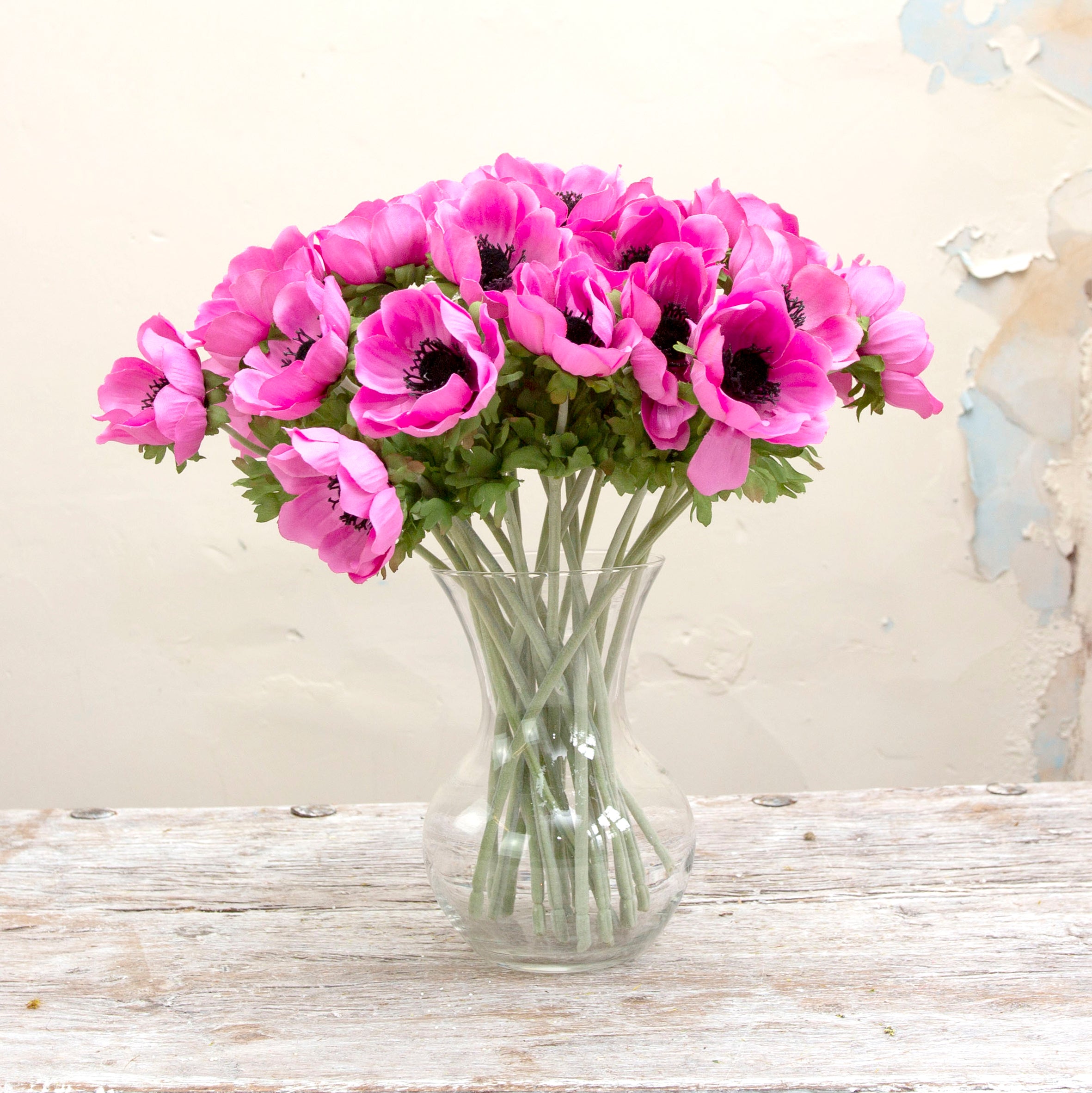 A clear glass vase displaying  the pink anemone stems with dark centers, for styling purposes