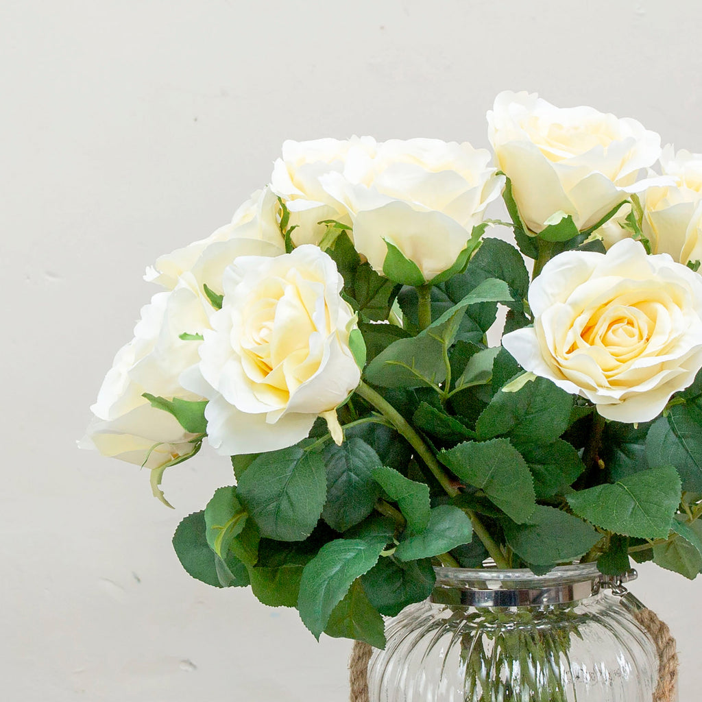 Bridal white avalanche rose with foliage. Peony