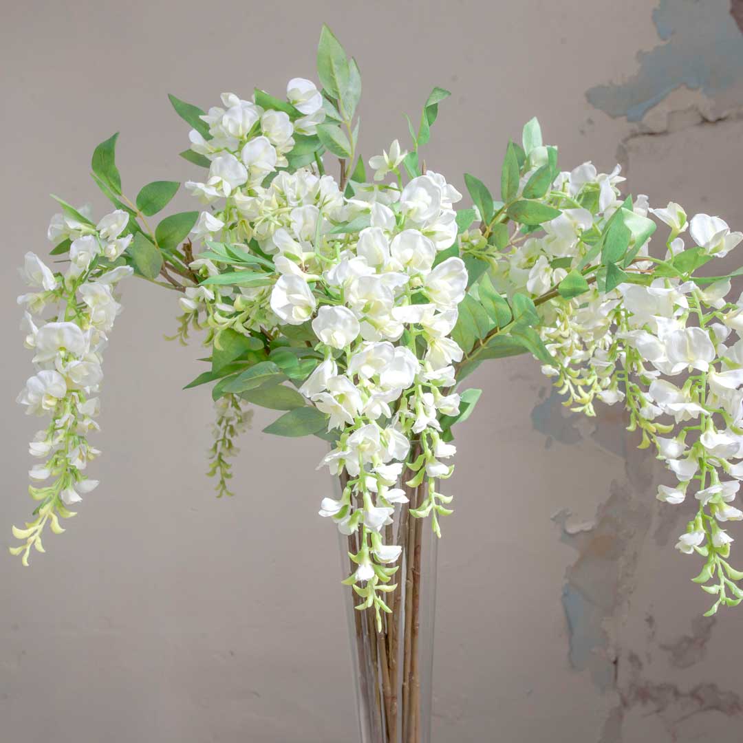 Artificial White Wisteria with Leaves on an Extra Long Stem Peony