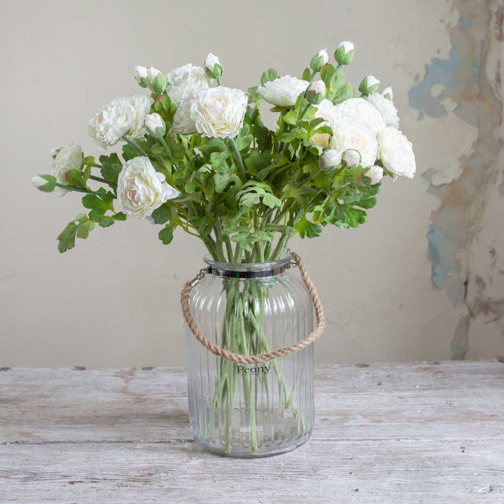 White Ranunculus Stem with Buds and Leaves Peony