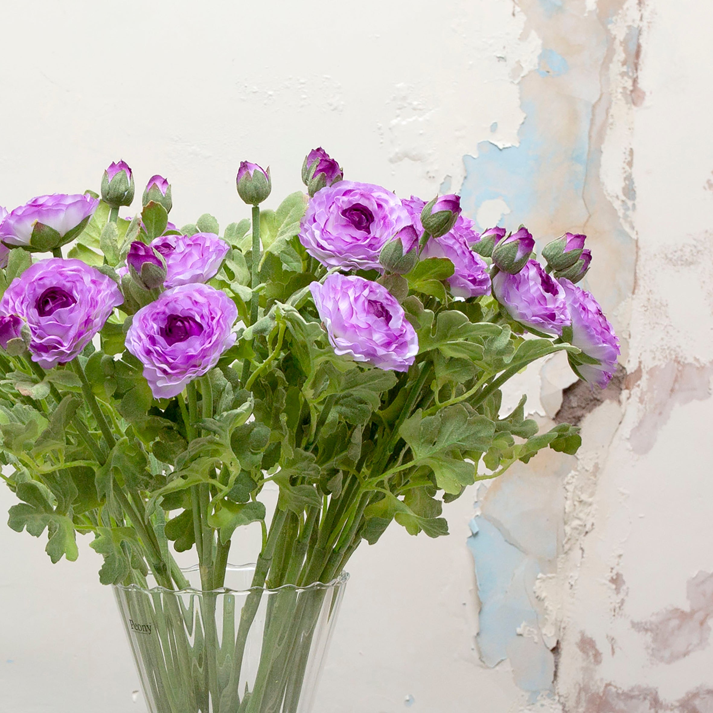Ranunculus Stem with buds and foliage in vibrant lavender - Peony Faux ...