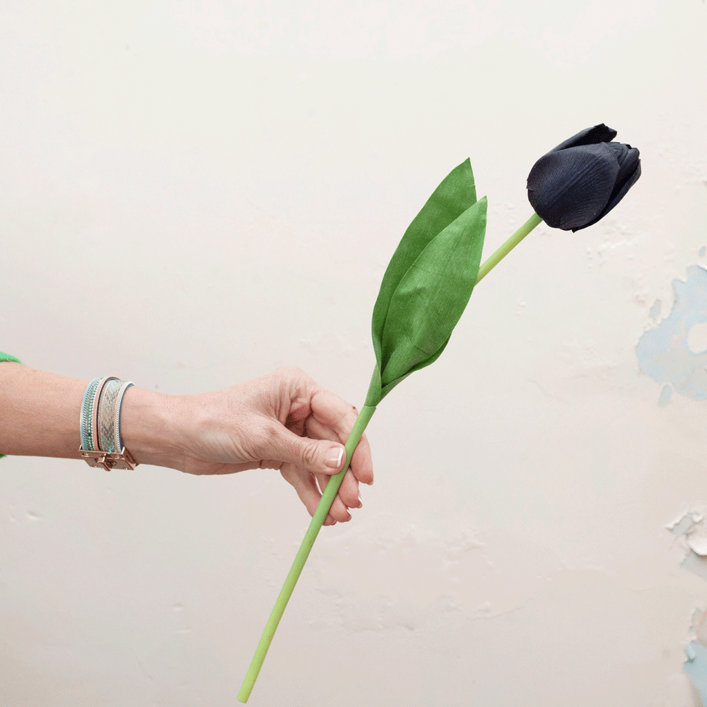Black real touch Tulip with leaves Peony