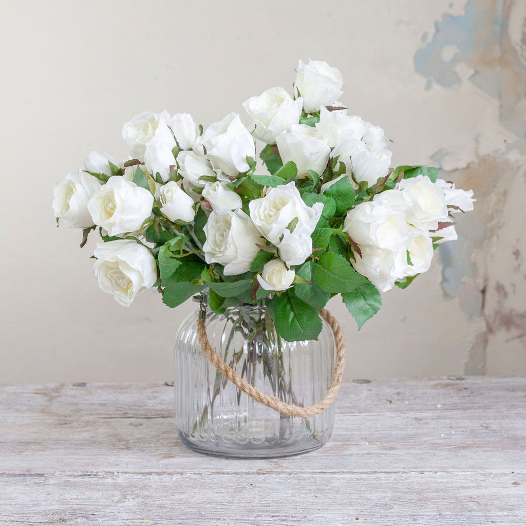 White Rose Stem with Buds and Leaves Peony