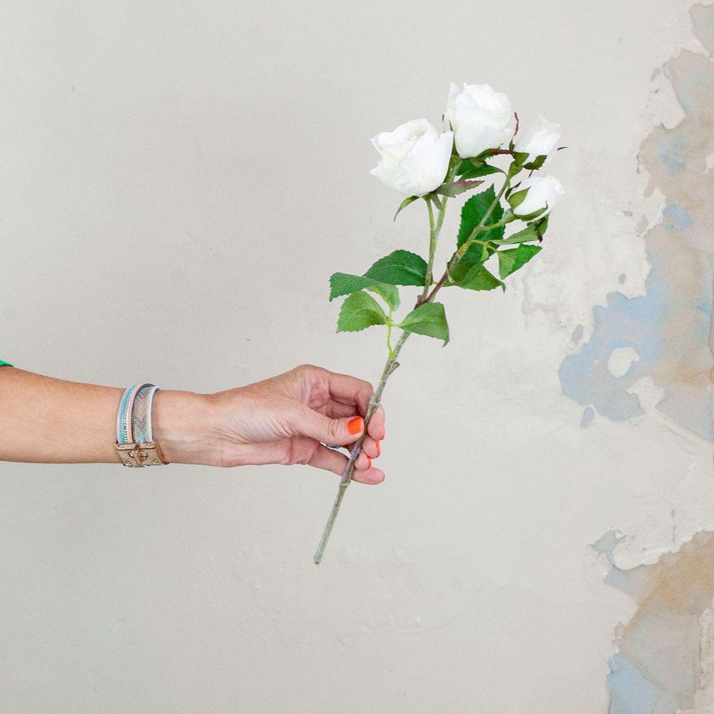 White Rose Stem with Buds and Leaves Peony