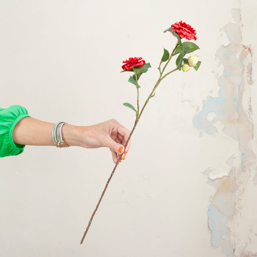 Red Camellia Spray with Buds and Leaves Peony