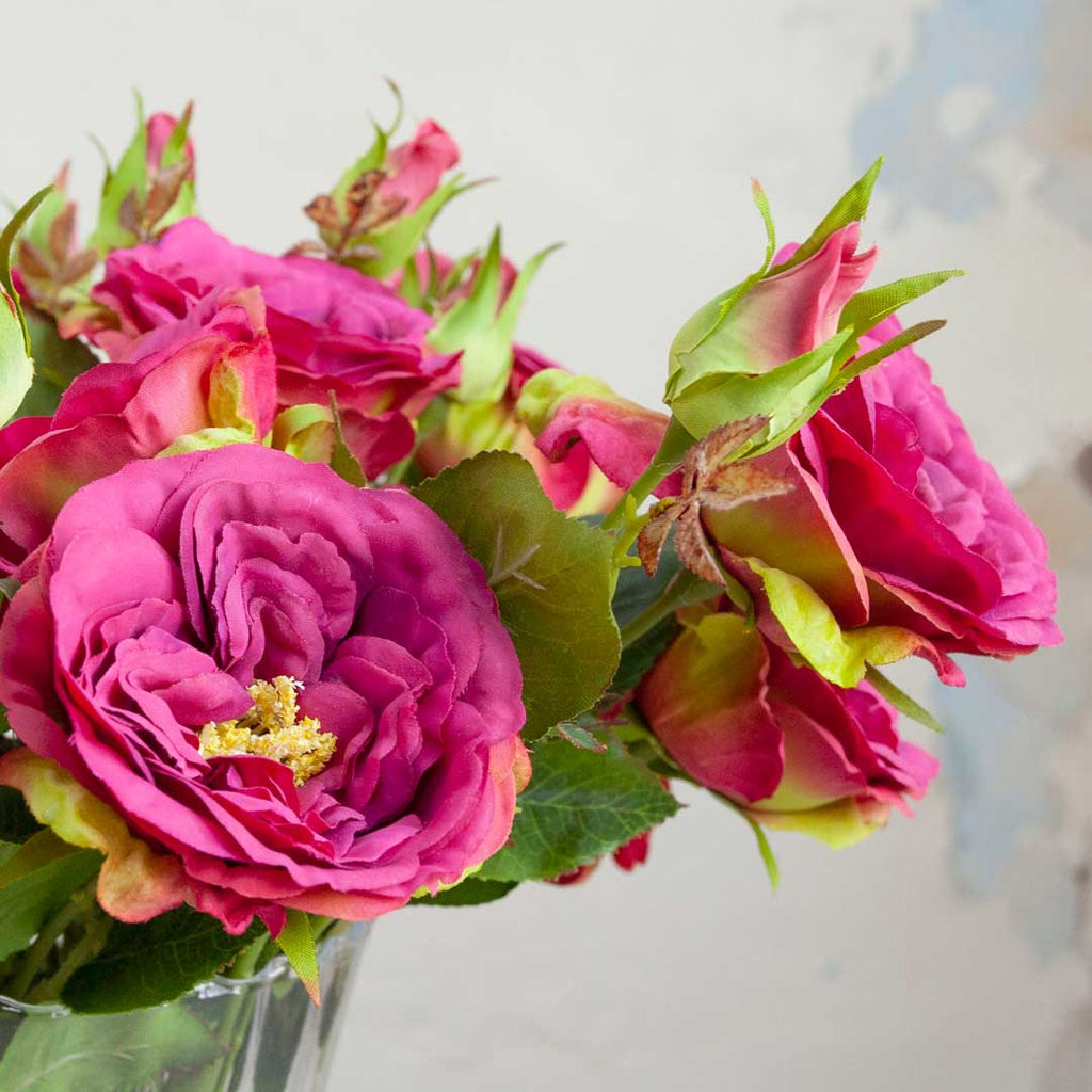 Magenta Rose Spray with Buds and Leaves Peony