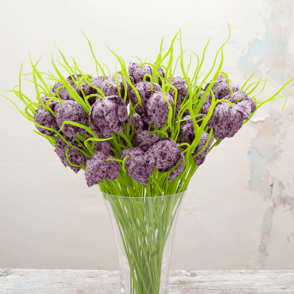 Lilac speckled fritillaria with grass Peony