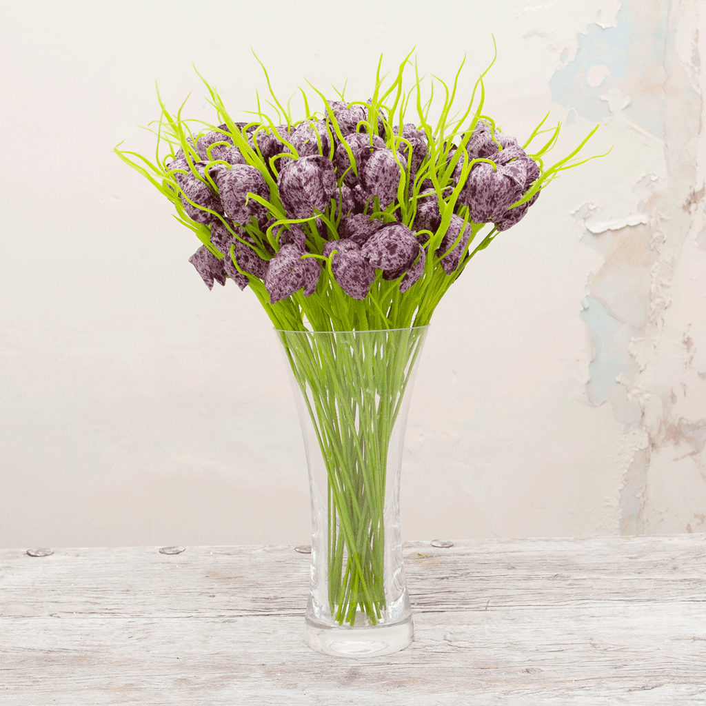 Lilac speckled fritillaria with grass Peony