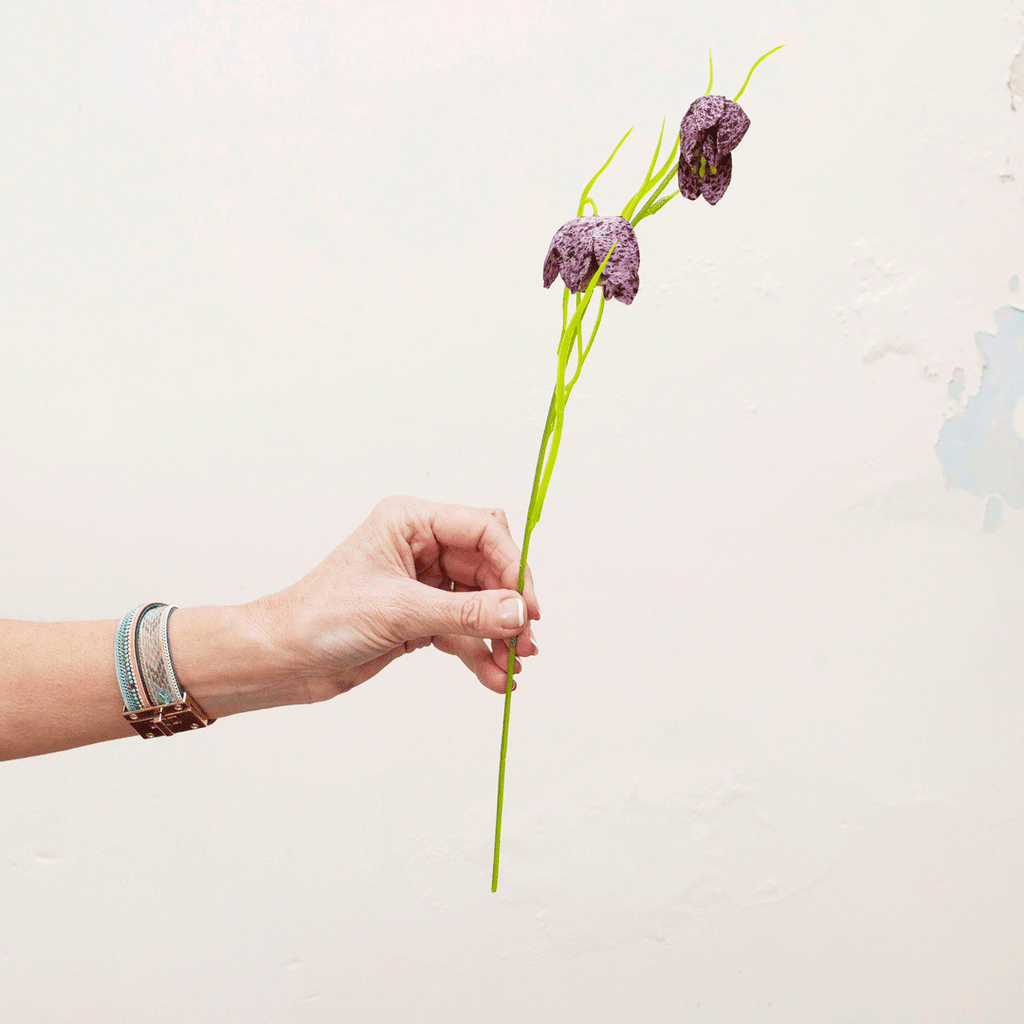 Lilac speckled fritillaria with grass Peony