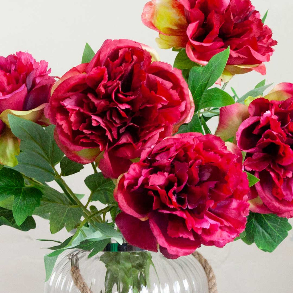 Magenta Peony Stem with Leaves Peony