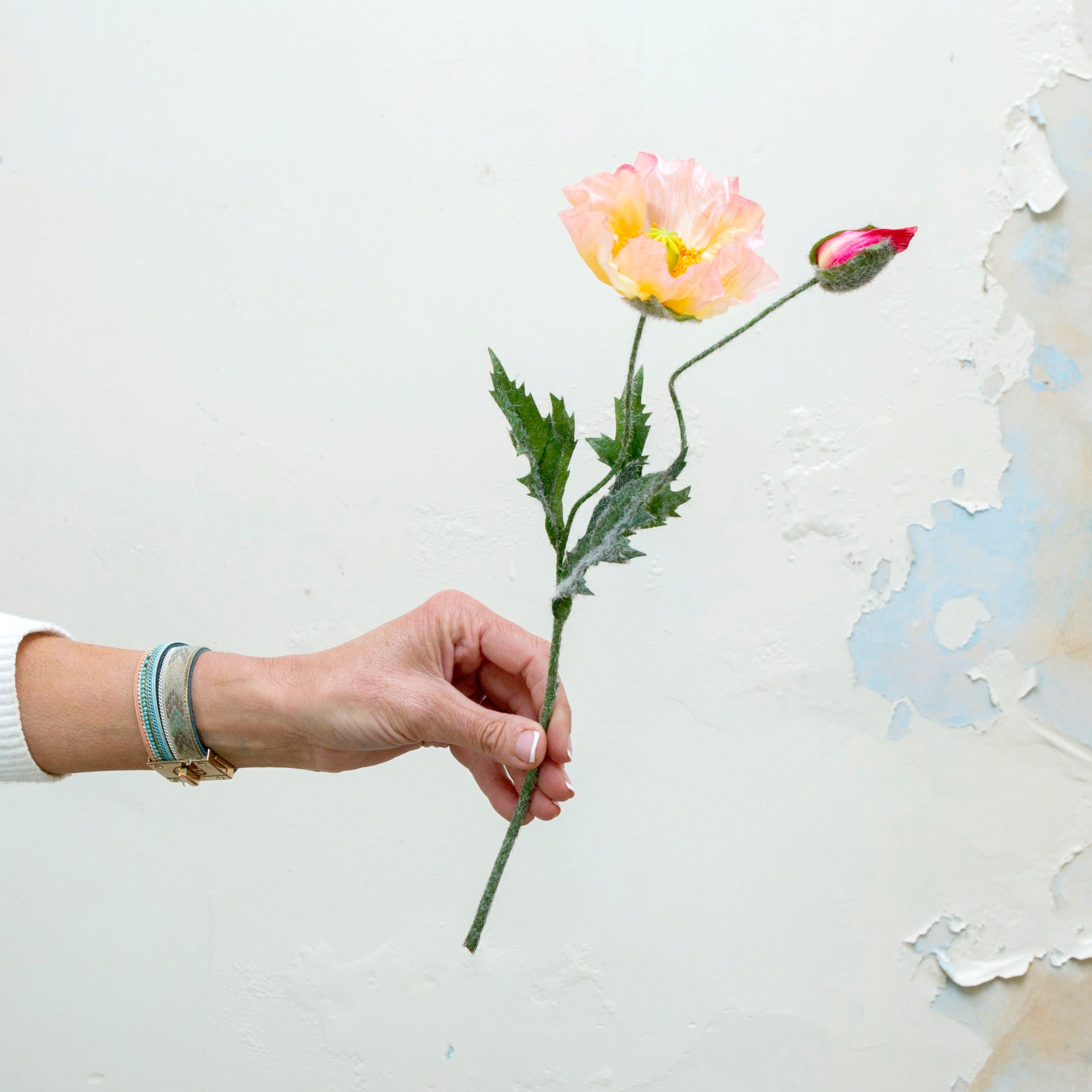Faux apricot pink poppy stem