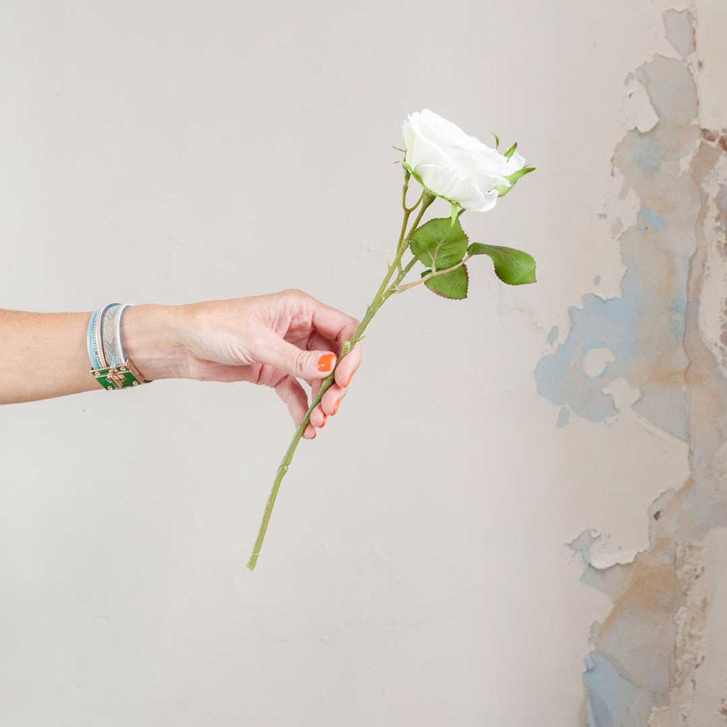 Bridal White Old English Rose Stem with Buds and Leaves Peony