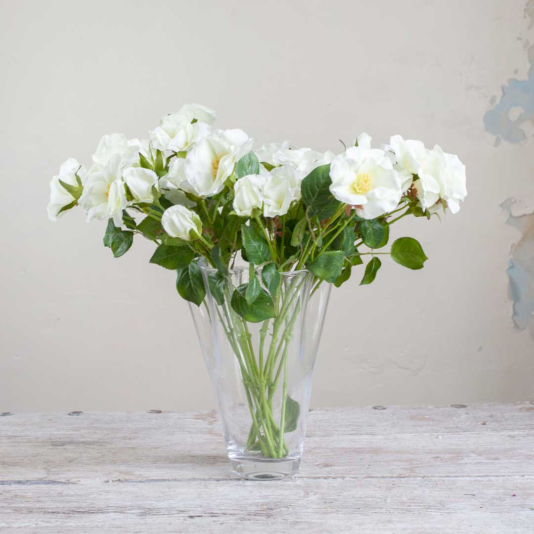 White Dogwood Rose Stem with Buds and Leaves Peony