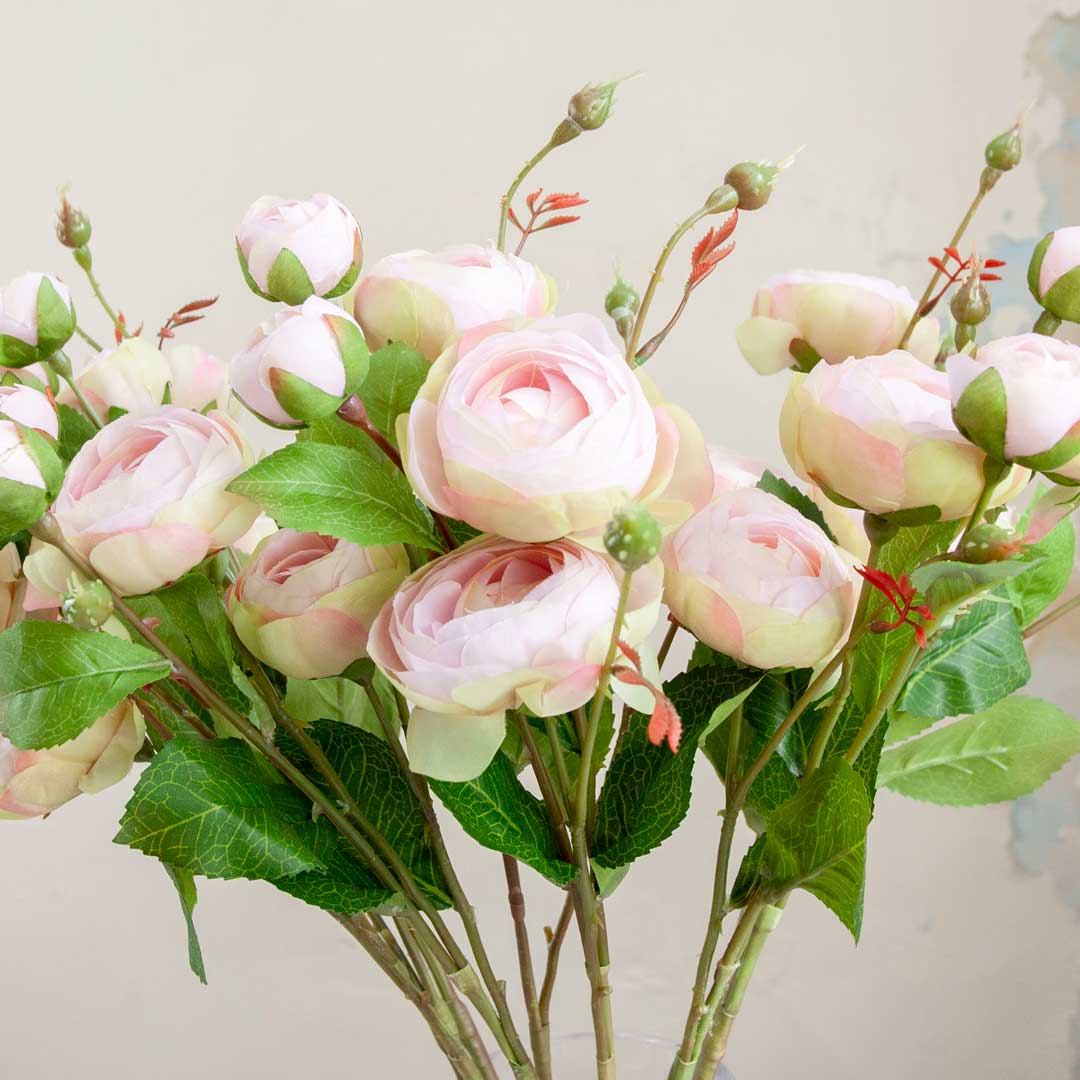Pale Pink Ranunculus Stem with Buds and Leaves - Peony Faux Flowers