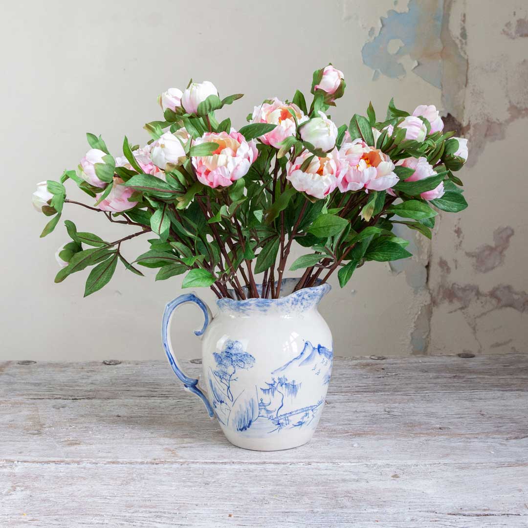 Pale Pink Peony Stem with Buds and Leaves  Peony